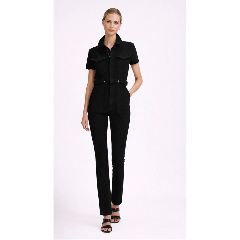 Good American Fit For Success Short Sleeve Denim Jumpsuit Black GMJS731BS Size M